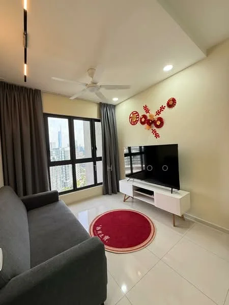 Living features: 3-seater fabric sofa in grey, white TV console, wall-mounted TV, round red area rug, floor-to-ceiling windows, grey curtains, recessed LED downlights, ceiling fan, decorative wall art with floral design, white tiled flooring, light yellow painted walls; style: modern; view: city.