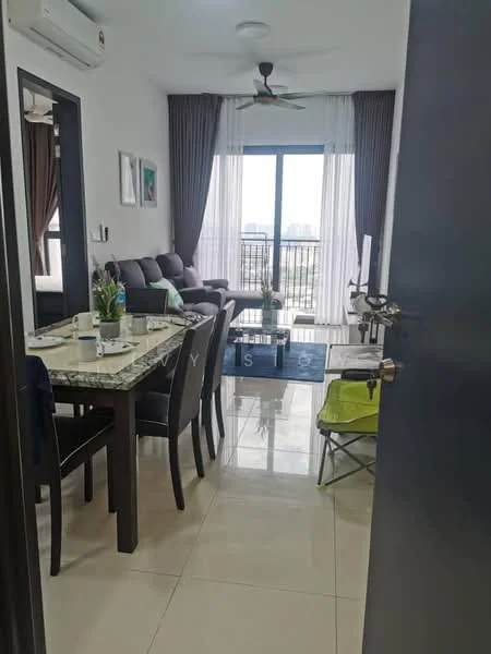 Living features: 3-seater fabric sofa in dark grey, coffee table with marble top, area rug with geometric pattern, floor-to-ceiling windows, curtains in light fabric, ceiling fan with light, wall-mounted TV, decorative plants in ceramic pots, dining table with 4 upholstered chairs, marble tile flooring, white painted walls; style: modern; view: city.