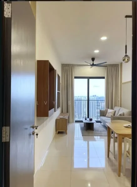Living features: white painted walls, glossy tile flooring, 5-blade ceiling fan with light, floor-to-ceiling windows, sheer curtains, wooden sideboard, wooden dining table, 4 dining chairs, coffee table, decorative pendant light; style: modern; view: city.