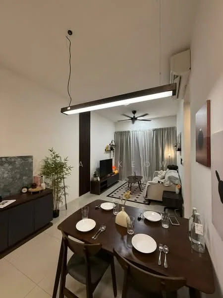 Dining features: wooden dining table, 4 dining chairs, table setting with plates and glasses, decorative vase, water bottle; style: modern. Living features: sofa, coffee table, TV console, wall-mounted TV, floor-to-ceiling curtains, ceiling fan with light, decorative wall art, area rug; style: modern.