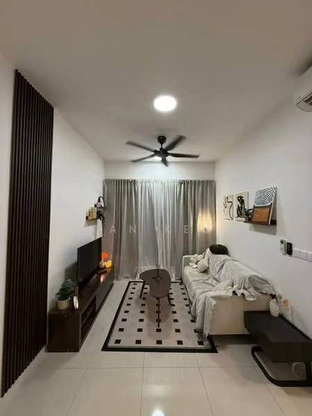 Living features: 3-seater fabric sofa in beige, coffee table, wall-mounted TV, TV console, area rug with geometric pattern, 5-blade ceiling fan with light, recessed downlights, floor-to-ceiling windows with sheer curtains, decorative wall art, wood panel accent wall, white painted walls, glossy tile flooring; style: modern.