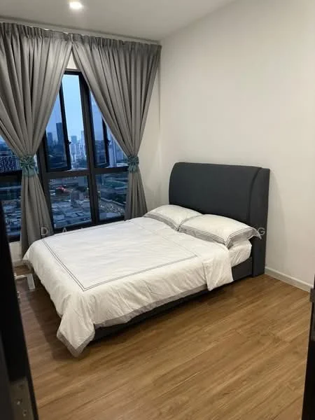 Bedroom features: king-size bed with upholstered headboard, white bedding, wooden flooring, floor-to-ceiling windows, grey curtains, city view, decorative wall, nightstand, built-in wardrobe; style: modern; view: city.