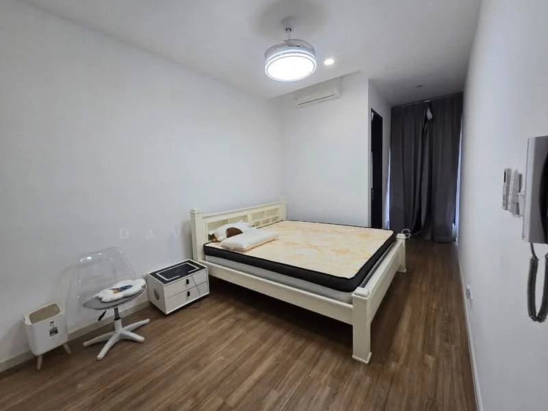 Bedroom features: white painted walls, wooden flooring, ceiling light fixture, queen-size bed, bed frame in white, nightstand in white, transparent chair, curtains in grey, wall-mounted intercom, air conditioning unit; style: modern.