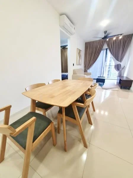 Dining features: wooden dining table, 4 wooden dining chairs with fabric cushions, cream painted walls, tile flooring, ceiling fan, wall-mounted air conditioning unit, large window with sheer curtains, decorative wall art; style: modern. Living features: sofa, coffee table, TV console, floor-to-ceiling windows with curtains; style: modern.