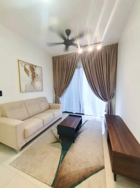 Living features: 3-seater fabric sofa in beige, wood coffee table, area rug with geometric pattern, floor-to-ceiling windows, sheer curtains, drapes in beige, ceiling fan with light, wall-mounted TV console, framed artwork; style: modern.