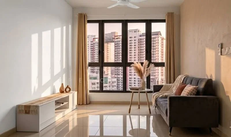 Living features: grey fabric sofa, wooden coffee table, decorative throw blanket, decorative cushions, floor-to-ceiling windows, sheer curtains, light-colored walls, glossy tile flooring, ceiling fan, decorative vases, potted plant; style: modern; view: city.