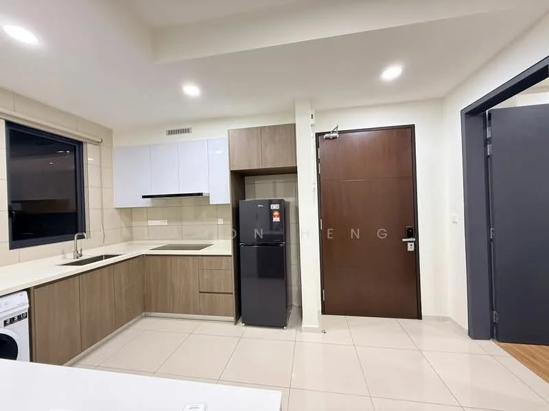 Kitchen features: white shaker cabinets, grey countertop, stainless-steel sink, chrome pull-down faucet, built-in oven, freestanding fridge, front-load washing machine, ceramic tile flooring, white tiled backsplash, recessed downlights, window with city view, door leading to hallway; style: modern; view: city.