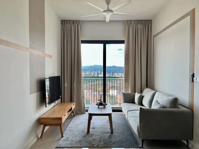 Living features: 3-seater fabric sofa in grey, wooden coffee table, wall-mounted TV, floor-to-ceiling windows, curtains in light beige, ceiling fan, area rug, mountain view; style: modern; view: city.