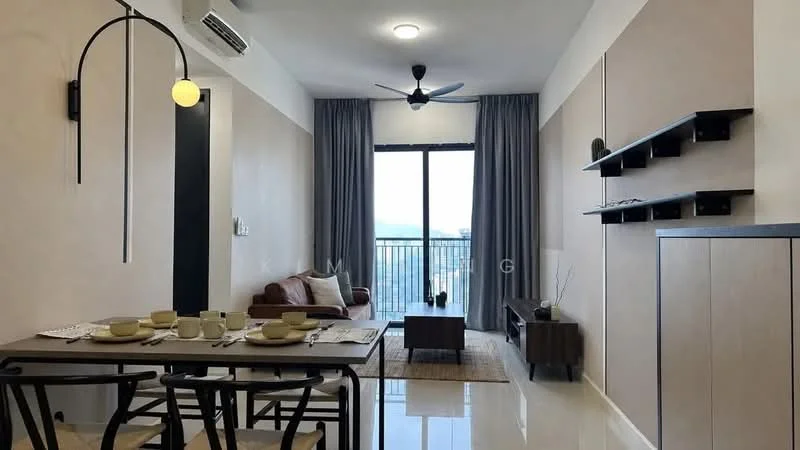 Living features: 3-seater brown leather sofa, wooden coffee table, TV console, wall-mounted TV, area rug, floor-to-ceiling windows, grey curtains, ceiling fan with light, recessed downlights, decorative wall shelf, dining table with 4 chairs, dining table setting; style: modern; view: city.