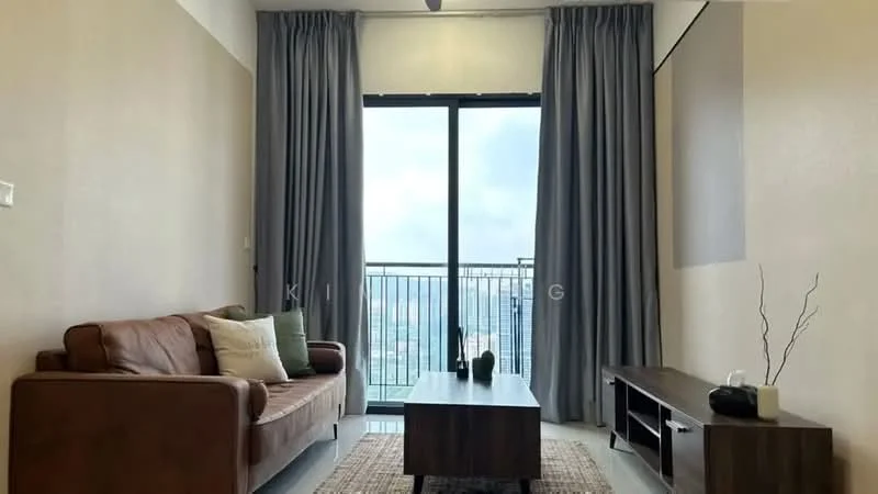 Living features: brown leather sofa, green decorative pillows, wood coffee table, TV console, area rug, floor-to-ceiling windows, grey curtains, ceiling fan; style: modern; view: city.