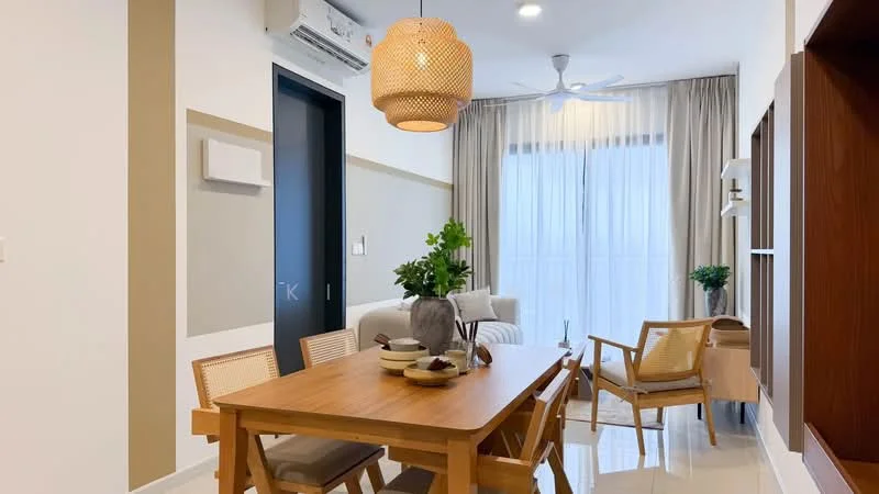 Dining features: wooden dining table, 4 wooden dining chairs, decorative vase on table, tableware on table, pendant light fixture, floor-to-ceiling windows, sheer curtains, white walls, cream accent wall, recessed ceiling lights, ceiling fan, sofa in background, wooden shelving unit in background; style: modern.
