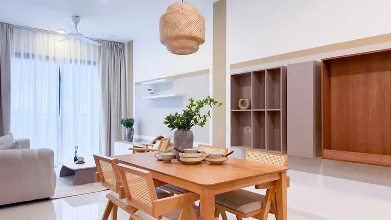 Dining features: wooden dining table, 4 wooden dining chairs, decorative vase with greenery, white ceramic plates, cutlery, pendant light fixture, floor-to-ceiling windows with sheer curtains, light-colored walls, cream-colored flooring, built-in shelving unit, sofa in background, wall-mounted shelf; style: modern.