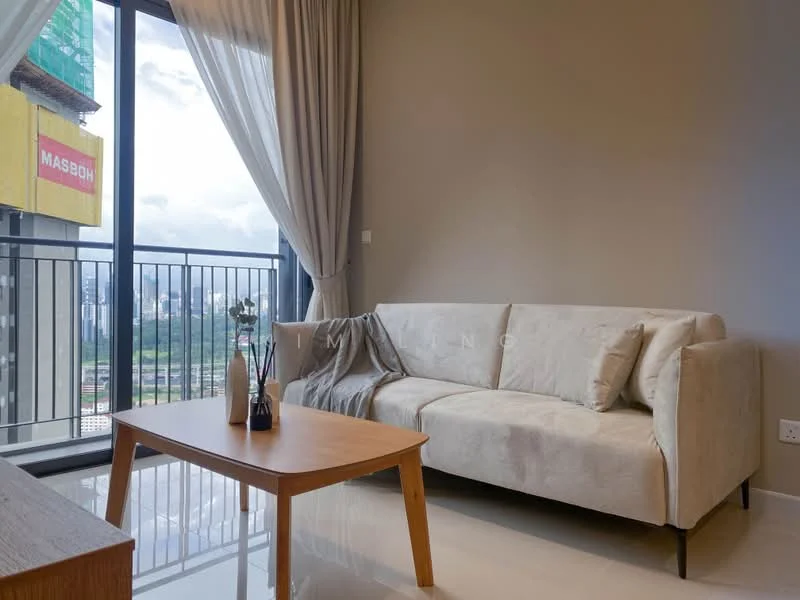 Living features: 3-seater fabric sofa in beige, wooden coffee table, floor-to-ceiling windows, sheer curtains, white painted walls, polished tile flooring, decorative vase on table, city view from window; style: modern; view: city.