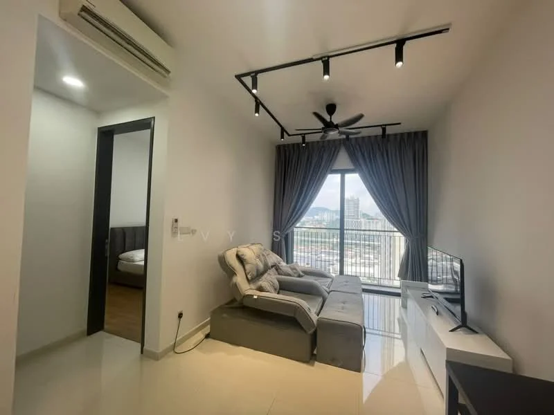 Living features: grey fabric sofa, 2-seater sofa, TV console, wall-mounted TV, floor-to-ceiling windows, curtains, recessed LED downlights, 5-blade ceiling fan, white painted walls, polished tile flooring; style: modern; view: city. Room features: door leading to another room.