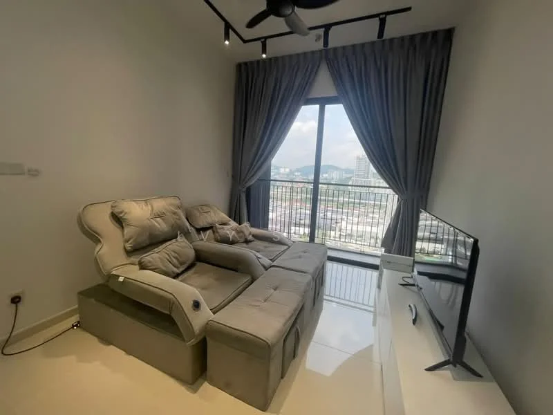 Living features: grey reclining sofa, floor-to-ceiling windows, curtains in grey, white wall, white tiled flooring, ceiling fan, wall-mounted TV, TV console in white; style: modern; view: city.
