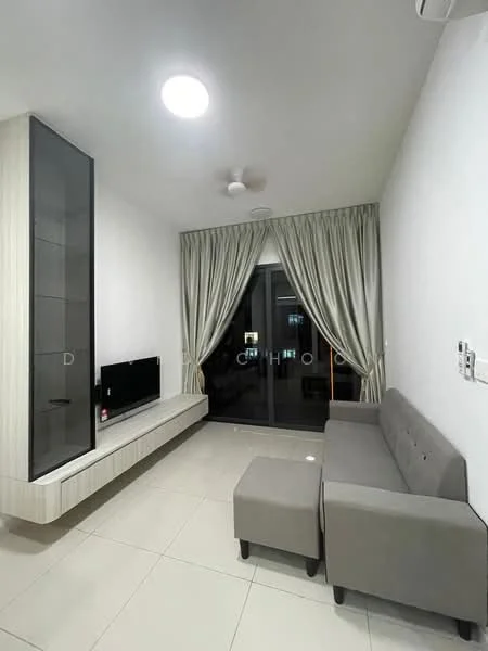 Living features: light grey fabric sofa, small grey ottoman, wall-mounted TV, light wood TV console, floor-to-ceiling glass sliding door, sheer curtains, recessed ceiling lights, white painted walls, cream tiled flooring, ceiling fan; style: modern.