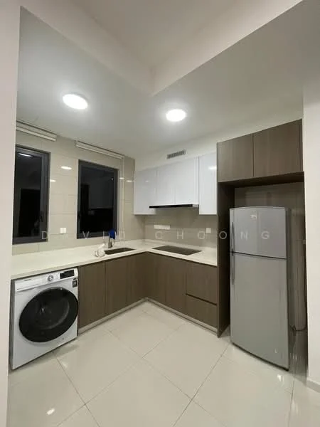Kitchen features: white cabinets, brown lower cabinets, white countertop, stainless-steel fridge, built-in oven, 4-burner gas hob, single-bowl stainless-steel sink, chrome pull-down faucet, washing machine, tile backsplash, ceramic tile flooring, recessed downlights, floor-to-ceiling windows; style: modern.