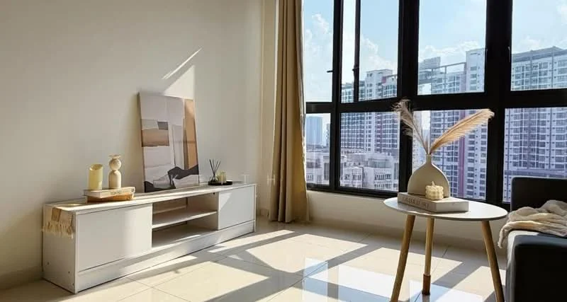 Living features: large floor-to-ceiling windows, white painted walls, light-colored tile flooring, minimalist TV console, decorative vase, framed artwork, decorative tray, small round coffee table, beige curtains, sofa with throw blanket; style: modern; view: city.