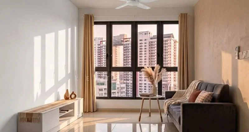 Living features: grey fabric sofa, wooden coffee table, TV console, floor-to-ceiling windows, sheer curtains, cream painted walls, polished tile flooring, ceiling fan, decorative vase with dried plants, decorative objects on console; style: modern; view: city.