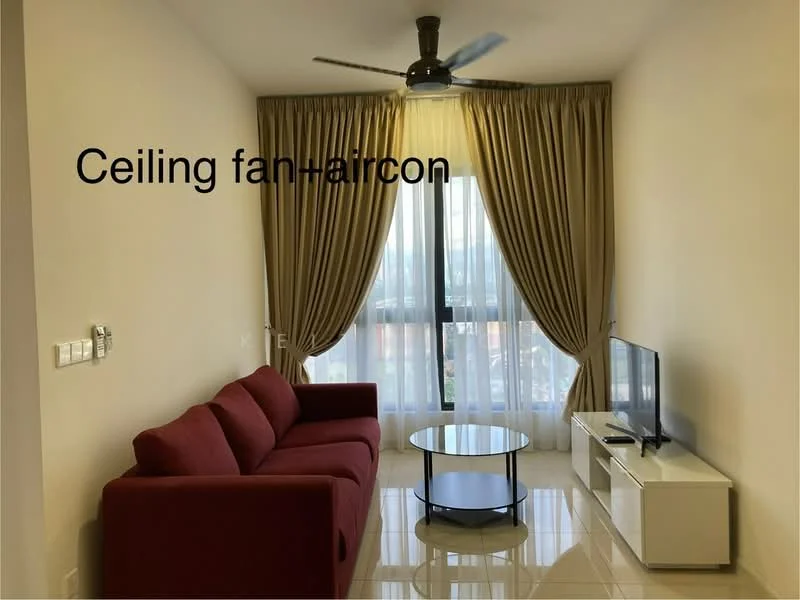 Living features: red fabric sofa, glass coffee table, white TV console, wall-mounted TV, floor-to-ceiling windows, sheer curtains, blackout curtains, 5-blade ceiling fan with light, white painted walls, glossy tile flooring; style: modern; view: city.