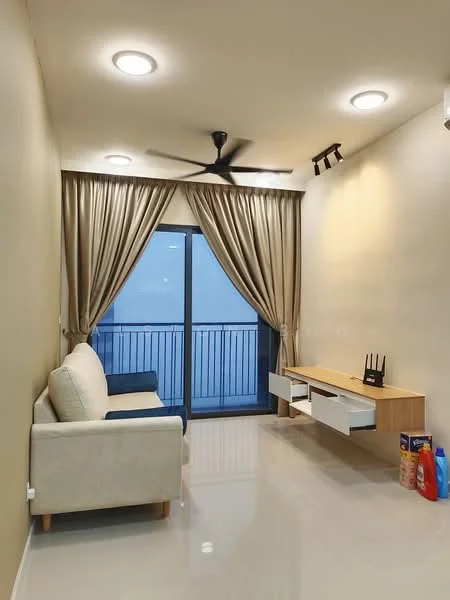 Living features: 3-seater fabric sofa in cream, ceiling fan with light, recessed LED downlights, floor-to-ceiling windows, curtains in beige, wooden TV console with wall-mounted design, polished tile flooring, neutral painted walls; style: modern; view: city.