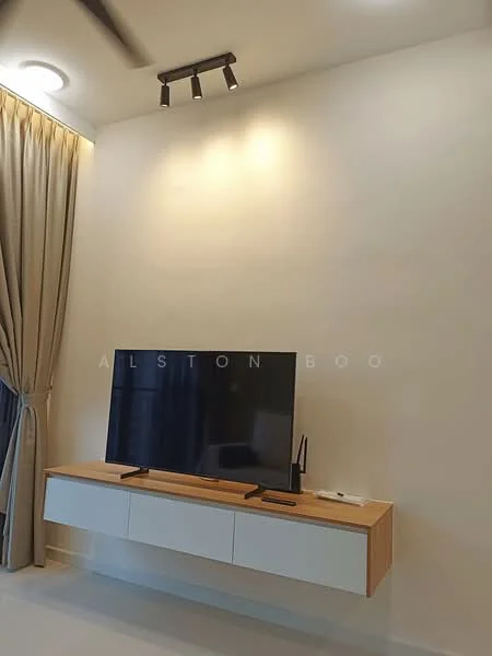 Living features: wall-mounted TV, wooden TV console with white cabinetry, cream painted walls, recessed ceiling lights, track lighting, floor-to-ceiling curtains, light-colored flooring, decorative remote control; style: modern.