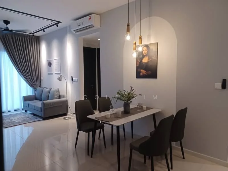 Dining features: dining table with white top, 4 upholstered dining chairs in grey, pendant lighting with multiple bulbs, framed artwork on wall, grey painted walls, floor-to-ceiling windows with sheer curtains, light-coloured flooring, wall-mounted air conditioning unit, decorative vase on table; style: modern. Living features: 3-seater fabric sofa in light blue, area rug with geometric pattern, floor lamp, wall-mounted artwork, grey curtains, light-coloured flooring; style: modern.
