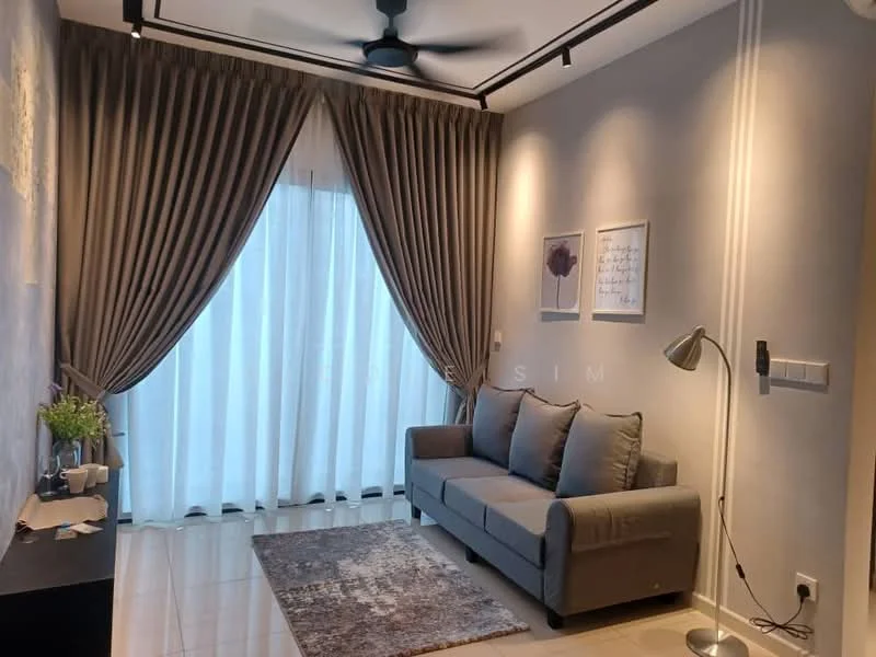 Living features: 3-seater fabric sofa in grey, area rug with geometric pattern, floor-to-ceiling windows, sheer curtains, blackout curtains, wall-mounted light switch, ceiling fan, decorative wall art, light grey painted walls, recessed lighting; style: modern.