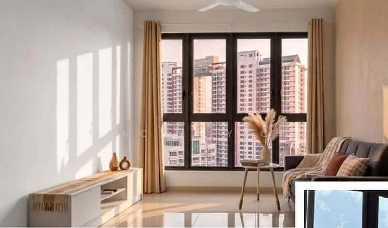 Living features: floor-to-ceiling windows, grey leather sofa, decorative throw pillows, light wood console table, beige curtains, ceiling fan, neutral wall color, glossy tile flooring, decorative vase with dried plants, area rug with geometric pattern; style: modern; view: city.