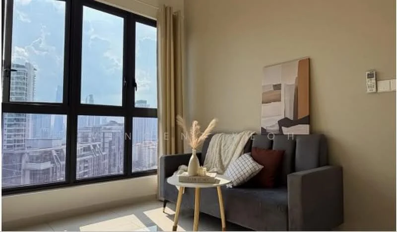 Living features: grey fabric sofa, decorative cushions in white and burgundy, small round coffee table, framed artwork on wall, floor-to-ceiling windows, sheer curtains, city skyline view, light-colored walls, tile flooring, wall-mounted remote control; style: modern; view: city.