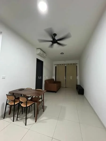 Living features: white painted walls, tile flooring, 5-blade ceiling fan with light, wall-mounted split AC, sofa in brown, dining table with 4 chairs, sliding door, decorative wall unit; style: modern.