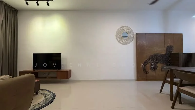 Living features: light grey painted walls, white ceiling, recessed downlights, wall-mounted TV, wooden TV console, beige fabric sofa, round area rug, dining table, decorative wall mirror, artwork on wall, large window with curtains, flooring with glossy finish; style: modern.