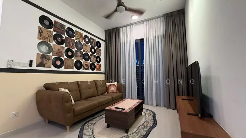 Living features: 3-seater brown leather sofa, decorative throw pillow, wooden coffee table, area rug with geometric pattern, wall-mounted TV, TV console, framed artwork on wall, vinyl record wall decor, floor-to-ceiling windows with sheer curtains, ceiling fan with light, light-colored walls, light grey flooring; style: modern; view: city.