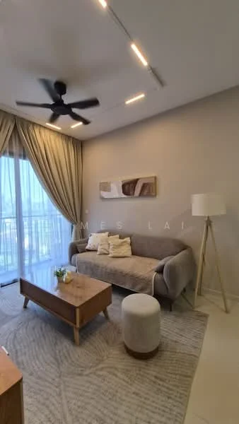 Living features: 3-seater fabric sofa in grey, wooden coffee table, round ottoman, area rug with geometric pattern, floor-to-ceiling windows, sheer curtains, 5-blade ceiling fan with light, decorative wall art, light-colored painted walls, recessed LED downlights; style: modern; view: city.