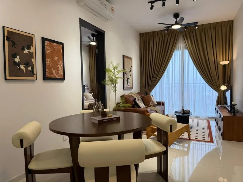 Dining features: round wooden dining table, 4 upholstered dining chairs in cream, decorative plant in vase, framed artwork on walls; style: modern. Living features: 3-seater brown leather sofa, coffee table, TV console, wall-mounted TV, floor lamp, curtains, area rug with geometric pattern, ceiling fan with light; style: modern.