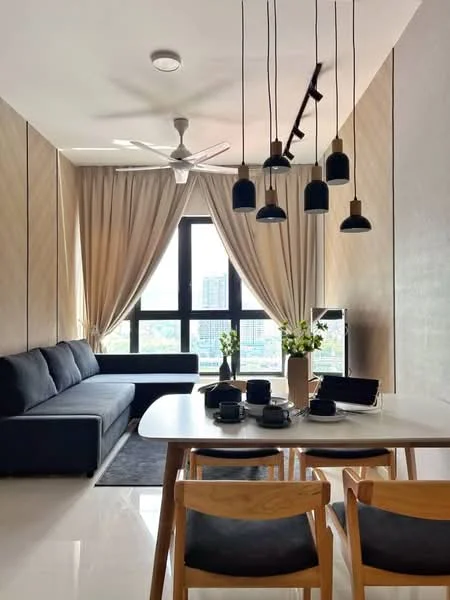 Living features: 3-seater fabric sofa in dark grey, ceiling fan with light, hanging pendant lights, floor-to-ceiling windows, sheer curtains, blackout curtains, wooden dining table, 4 wooden dining chairs, decorative plants in vase, area rug, light-coloured walls, polished tile flooring; style: modern; view: city.