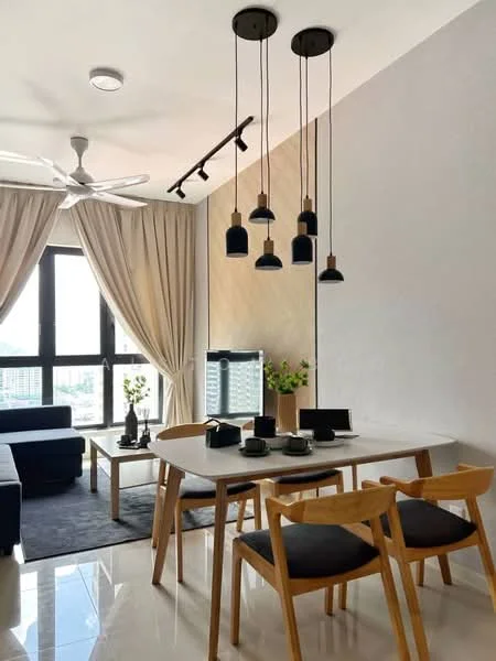 Living features: 3-seater fabric sofa in navy blue, coffee table, area rug in dark grey, floor-to-ceiling windows, sheer curtains, 5-blade ceiling fan, track lighting with pendant lamps, dining table with white surface, 4 wooden dining chairs, decorative plants on table, TV console, wall-mounted TV; style: modern; view: city.