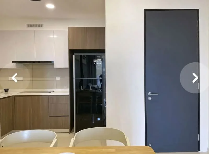 Kitchen features: white upper cabinets, wood lower cabinets, stainless-steel sink, chrome pull-down faucet, built-in oven, black refrigerator, ceramic tile flooring, white countertop, wall-mounted range hood, recessed downlights; style: modern. Room features: grey door, white walls.