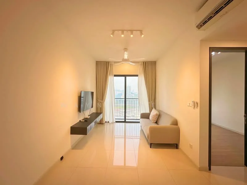 Living features: white painted walls, glossy tile flooring, 5-blade ceiling fan with light, wall-mounted TV, sofa in light color, floor-to-ceiling windows, sheer curtains, recessed downlights; style: modern; view: city.