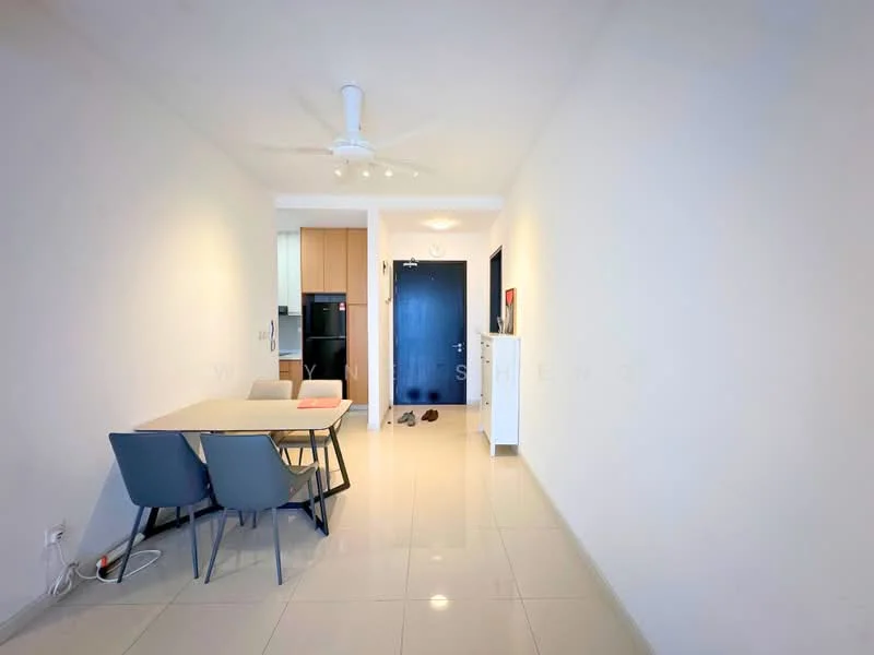 Dining features: dining table, 4 upholstered dining chairs, white walls, ceiling fan, tile flooring, recessed lighting, open layout, kitchen area visible in background, black refrigerator visible, main entrance door, light-colored cabinetry; style: modern.