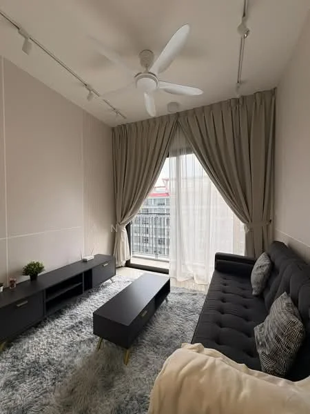 Living features: 3-seater fabric sofa in black, coffee table with black surface and gold legs, TV console in dark wood, area rug with plush texture, floor-to-ceiling windows, sheer curtains, 5-blade ceiling fan with light, decorative plant on console, light grey painted walls, track lighting on ceiling; style: modern; view: city.