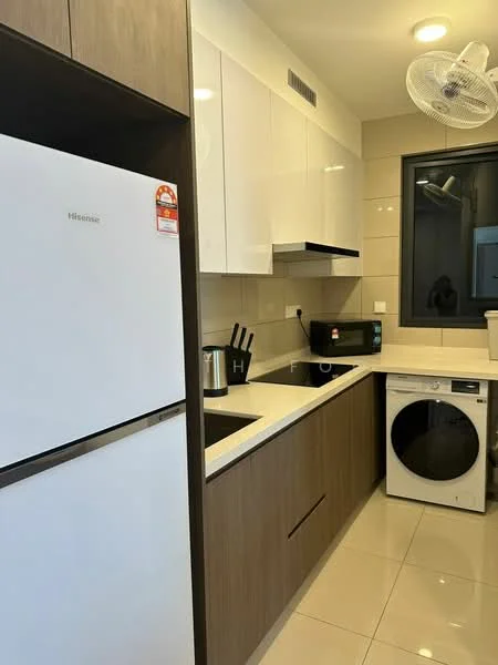 Kitchen features: white upper cabinets, brown lower cabinets, black countertop, single-bowl stainless-steel sink, chrome pull-down faucet, built-in microwave, stainless-steel fridge, front-load washing machine, ceramic tile flooring, recessed downlights, window with black frame, kitchen utensils holder; style: modern.