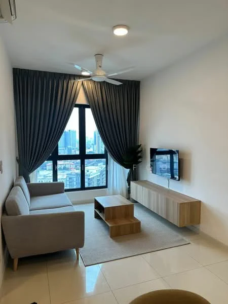 Living features: 3-seater fabric sofa in light grey, wooden coffee table, TV console in light wood, wall-mounted TV, floor-to-ceiling windows, sheer curtains, dark grey curtains, recessed downlights, ceiling fan with light, area rug, decorative plant; style: modern; view: city.
