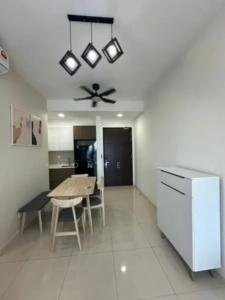 Dining features: dining table with light wood finish, 4 wooden dining chairs, white sideboard cabinet, pendant light fixture with 3 bulbs, 5-blade ceiling fan, glossy tile flooring, white painted walls, open kitchen area visible in background; style: modern. Kitchen features: stainless-steel fridge, built-in oven, white cabinetry, black countertop, ceramic tile backsplash, under-cabinet lighting; style: modern.