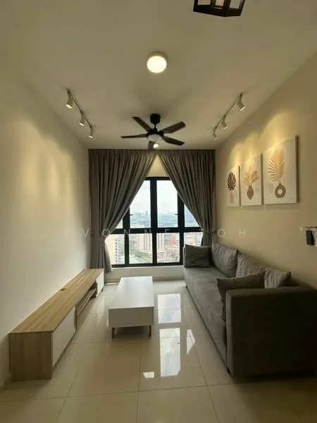 Living features: 3-seater fabric sofa in grey, coffee table, TV console, floor-to-ceiling windows, sheer curtains, 5-blade ceiling fan with light, recessed downlights, decorative artwork on walls, glossy tile flooring, neutral painted walls; style: modern; view: city.