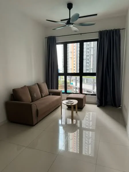 Living features: 3-seater fabric sofa in brown, round wooden coffee table, floor-to-ceiling windows, grey curtains, white painted walls, glossy ceramic tile flooring, 5-blade ceiling fan with light, city view; style: modern; view: city.