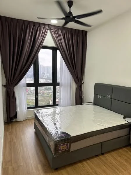 Bedroom features: queen-size bed, upholstered headboard, floor-to-ceiling windows, blackout curtains, sheer curtains, wooden flooring, 5-blade ceiling fan with light, decorative wall, city view; style: modern; view: city.