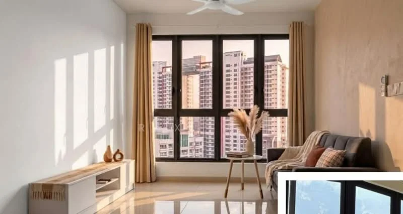 Living features: light grey painted walls, beige accent wall, polished tile flooring, floor-to-ceiling windows, sheer curtains, 3-blade ceiling fan, sofa in dark grey fabric, wooden coffee table, decorative vase with dried plants, TV console, area rug with geometric pattern; style: modern; view: city.