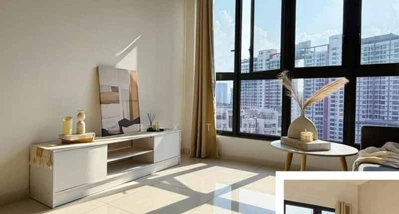Living features: large floor-to-ceiling windows, white painted walls, light-colored tile flooring, minimalist TV console in white, decorative vase on console, framed artwork on wall, round coffee table, decorative items on coffee table, curtains in light fabric, sofa in neutral color, natural light from windows; style: modern; view: city.