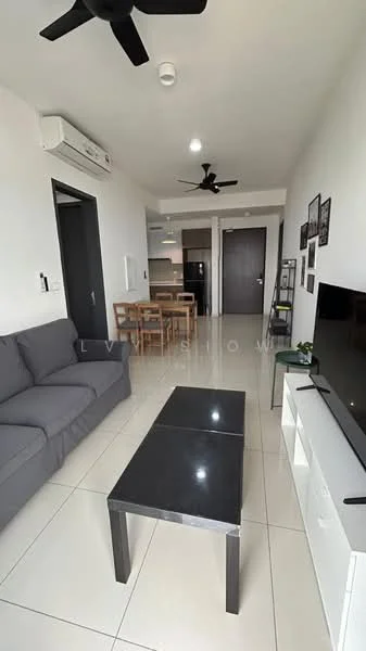 Living features: 3-seater fabric sofa in grey, black coffee table, wall-mounted TV, TV console, ceiling fan, white walls, tile flooring, recessed downlights, open layout to dining area, decorative wall art; style: modern. Dining features: 4-seater wooden dining table, wooden dining chairs, open layout to living area; style: modern.
